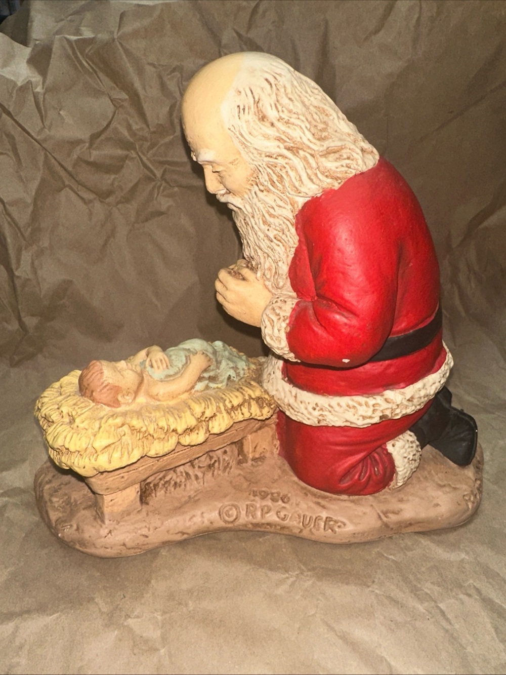 The Kneeling Santa and Baby Jesus 1980 Vtg Statue Chalkware by R Vargas RP Gauer